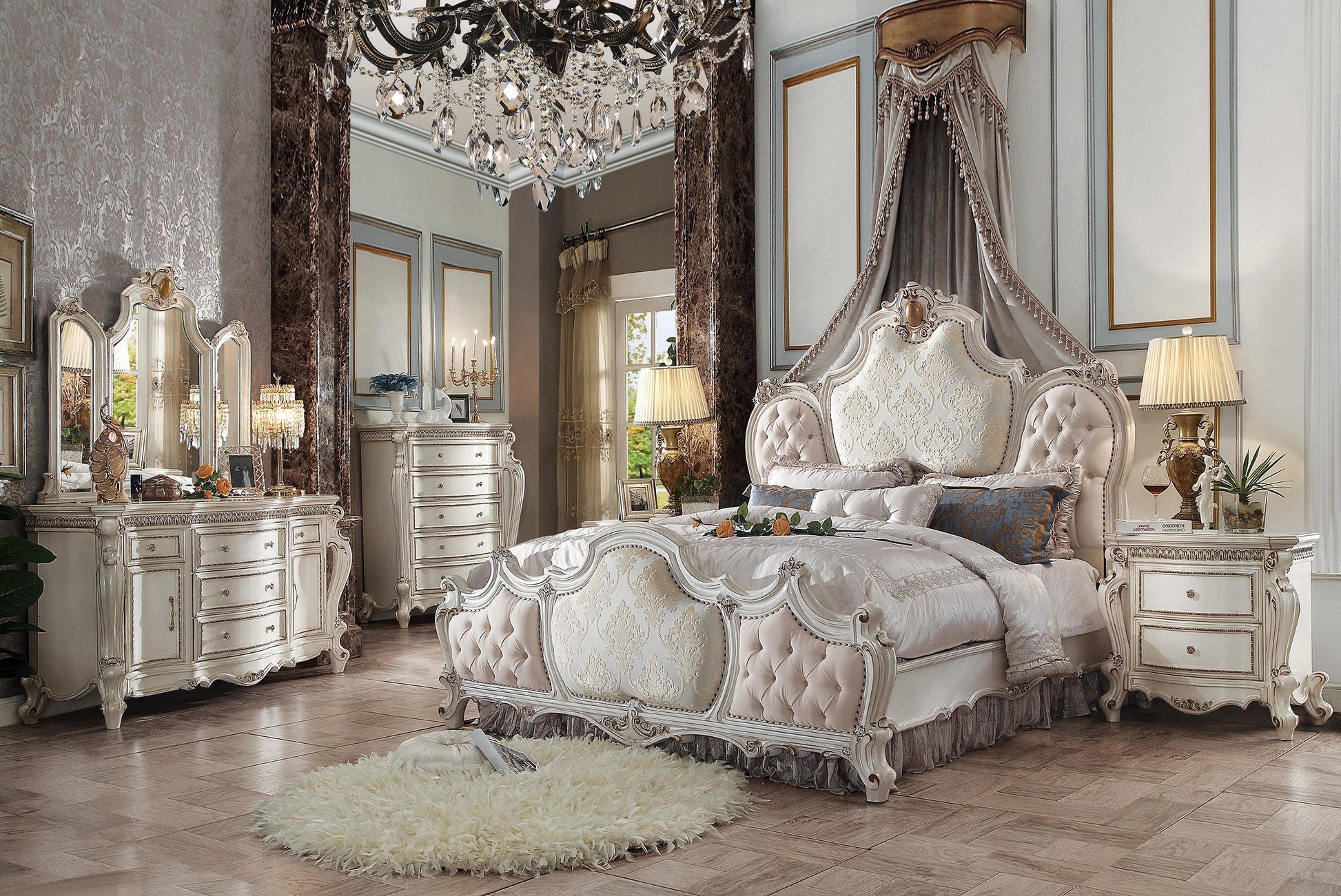 Picardy Fabric & Antique Pearl Eastern King Bed - ATL FURNITURE