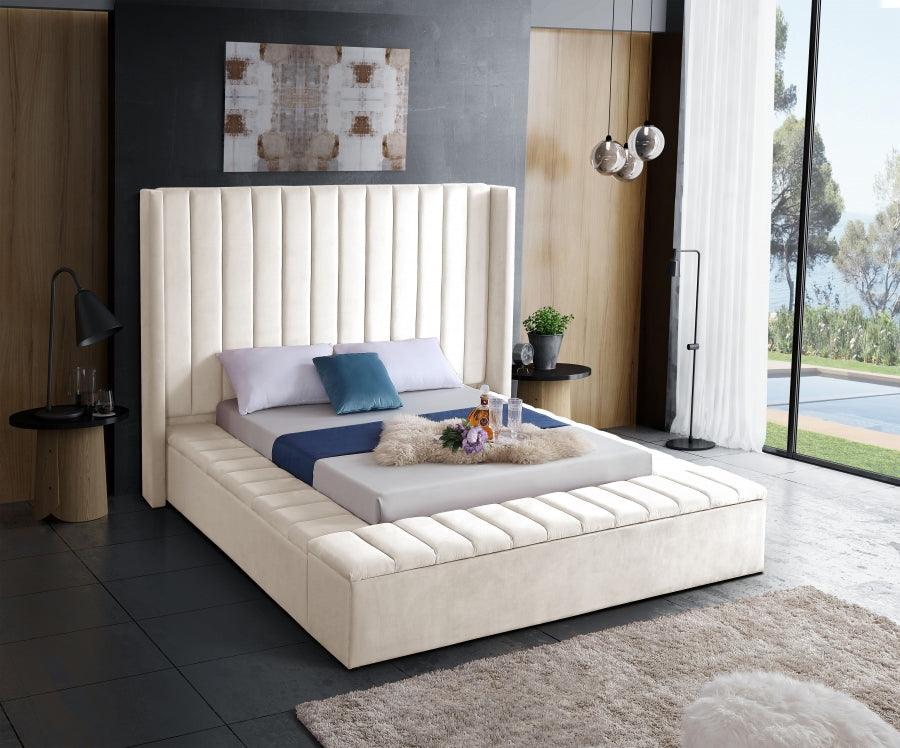 Kiki Velvet Queen Bed In Cream - Kikicream-Q - ATL FURNITURE