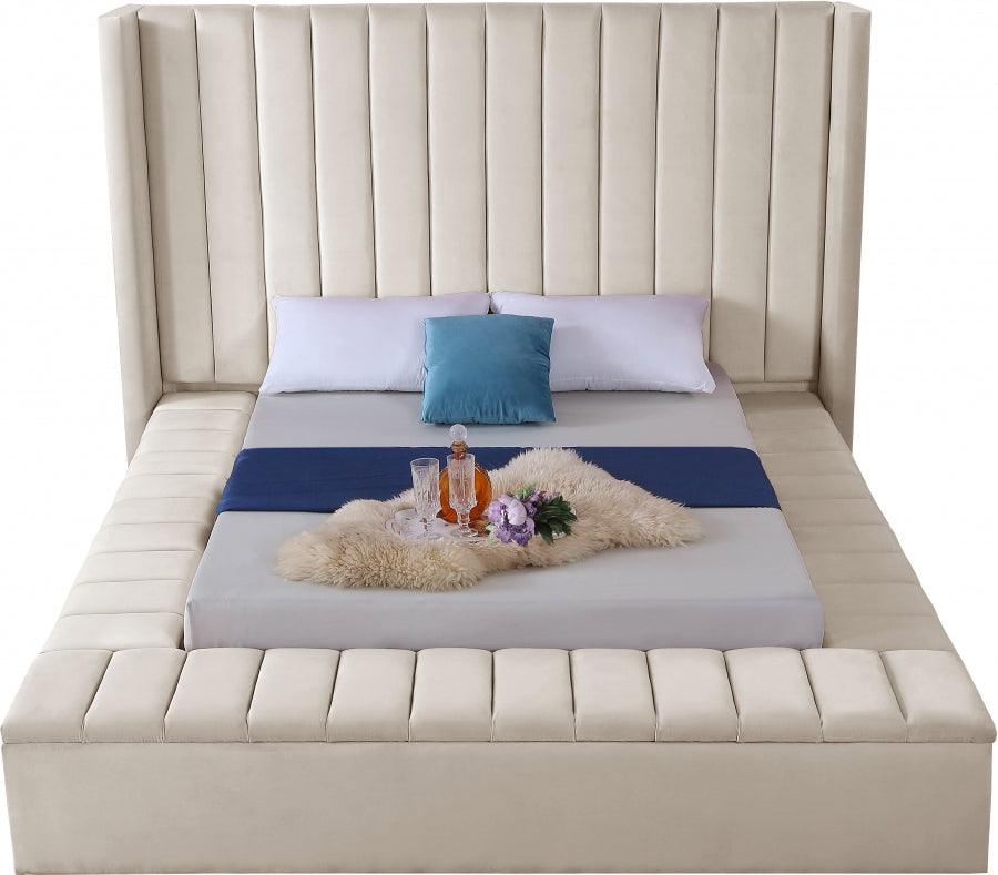 Kiki Velvet Queen Bed In Cream - Kikicream-Q - ATL FURNITURE