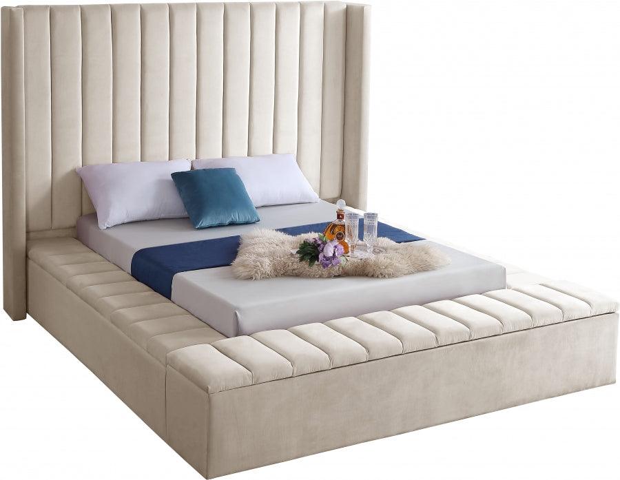 Kiki Velvet Queen Bed In Cream - Kikicream-Q - ATL FURNITURE