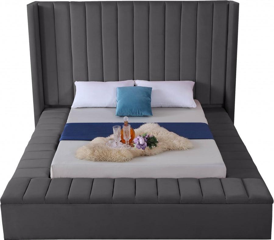 Kiki Velvet Queen Bed In Grey - Kikigrey-Q - ATL FURNITURE