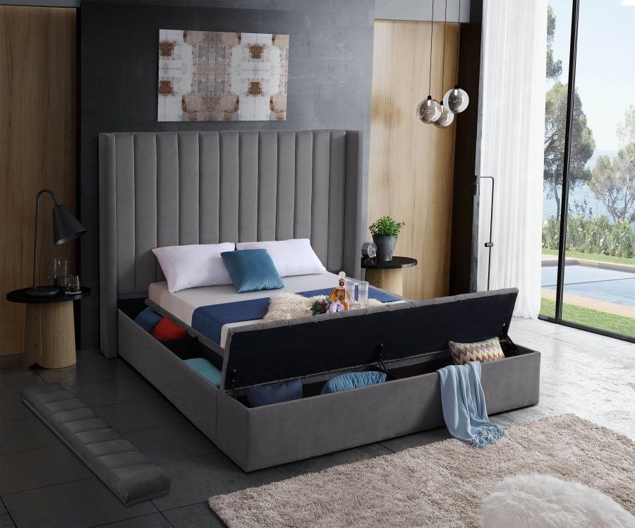 Kiki Velvet Queen Bed In Grey - Kikigrey-Q - ATL FURNITURE