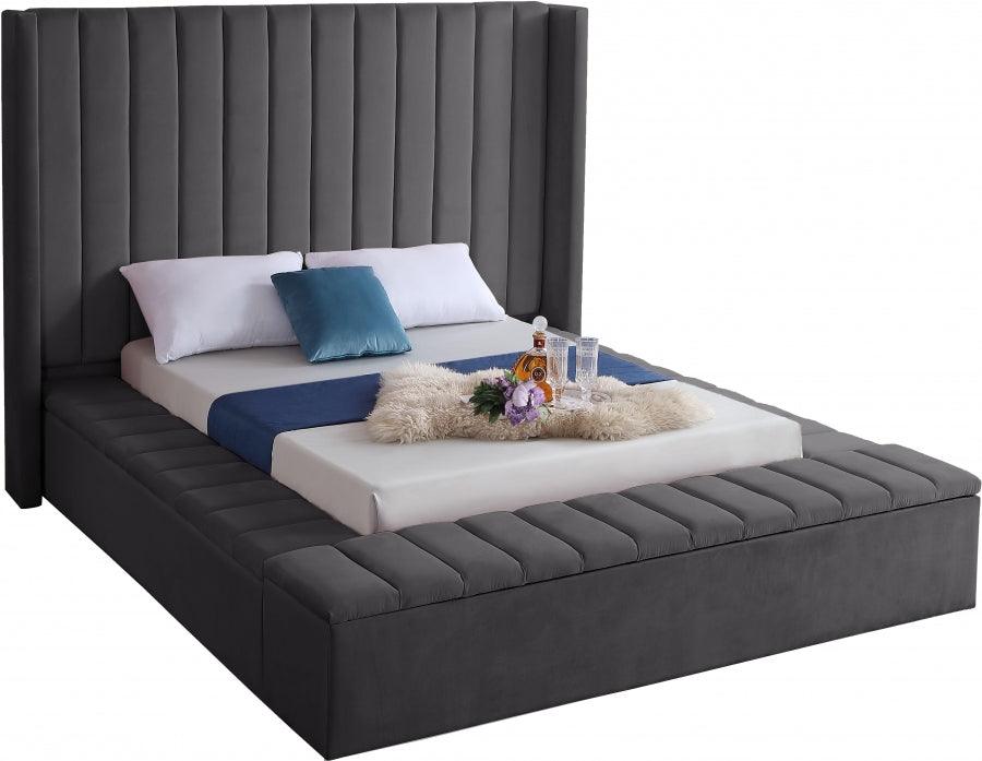 Kiki Velvet Queen Bed In Grey - Kikigrey-Q - ATL FURNITURE