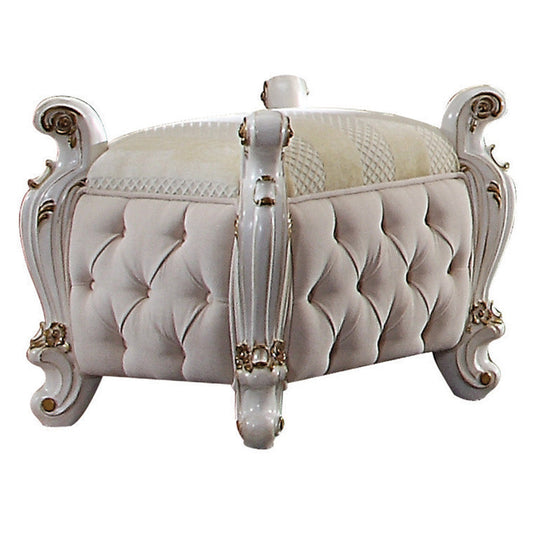 Picardy Fabric & Antique Pearl Vanity Stool - ATL FURNITURE