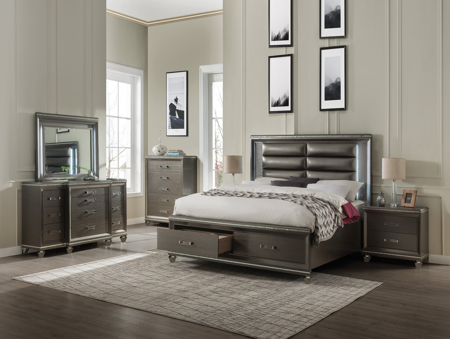 Sadie PU & Dark Champagne Eastern King Bed - ATL FURNITURE