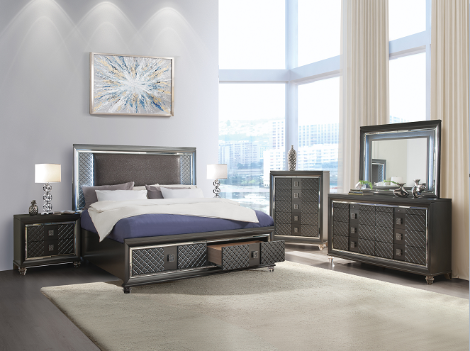 Sawyer PU & Metallic Gray Eastern King Bed - ATL FURNITURE