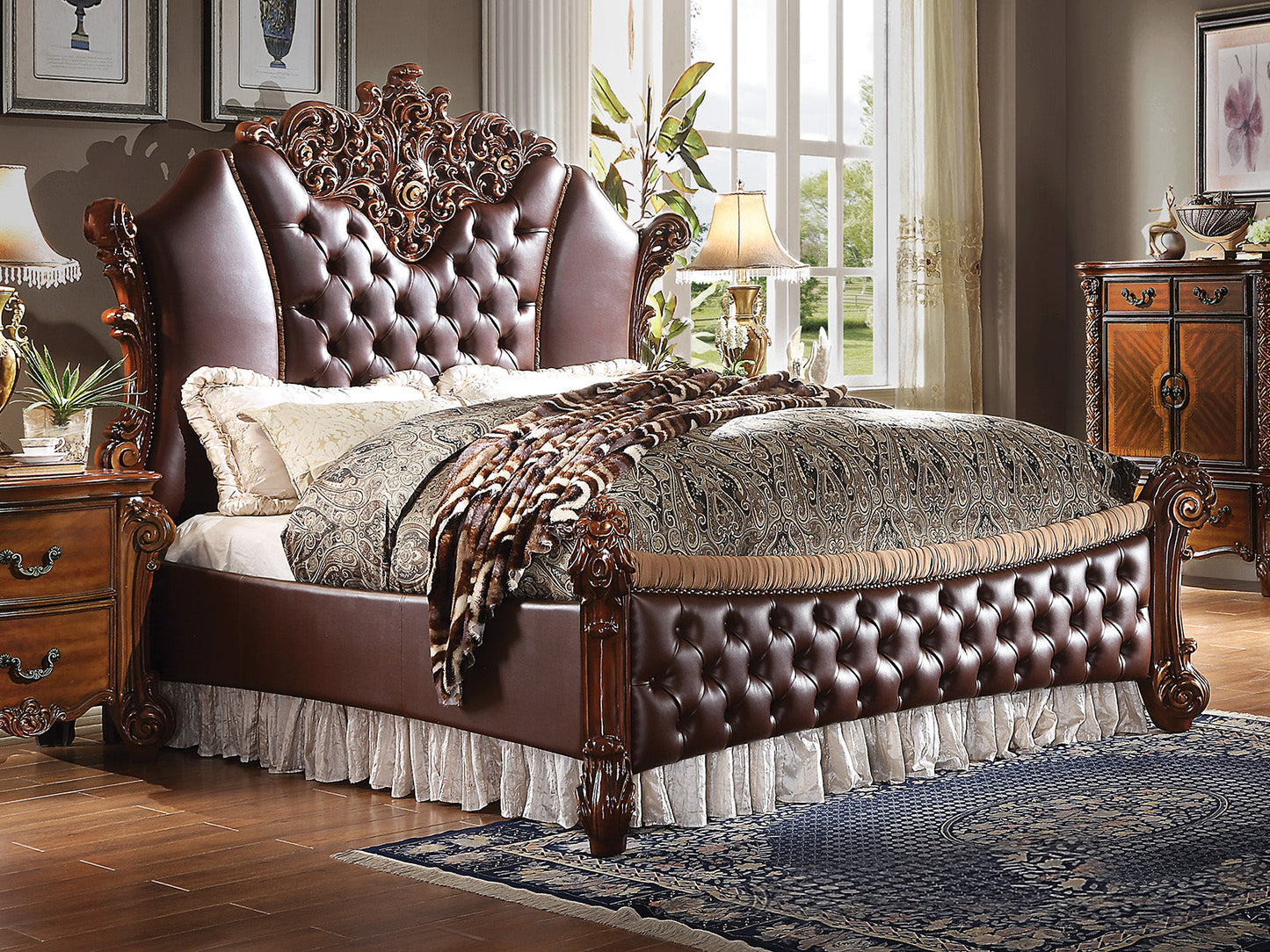 Vendome II King Upholstered Bed with Button Tufted Headboard in Cherry - ATL FURNITURE