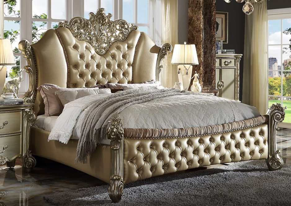 Vendome II Queen Upholstered Bed with Button Tufted Headboard in Bone/Gold Patina - ATL FURNITURE