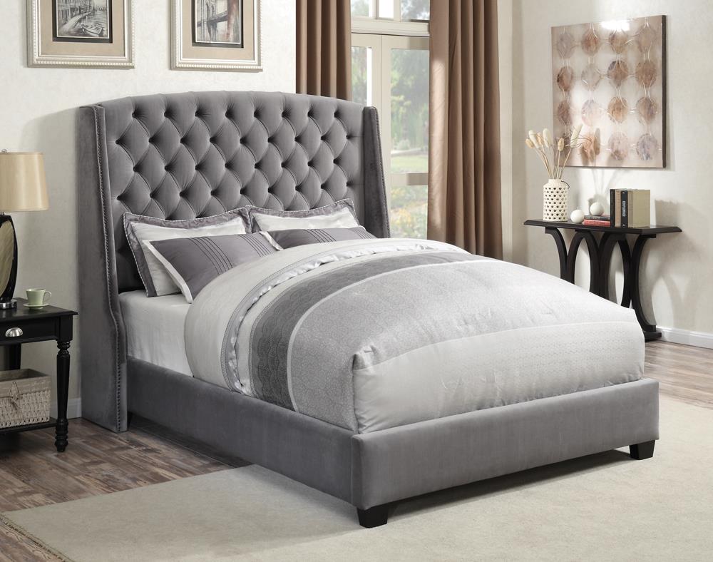 Pissarro Transitional Upholstered Grey and Chocolate Eastern King Bed - ATL FURNITURE