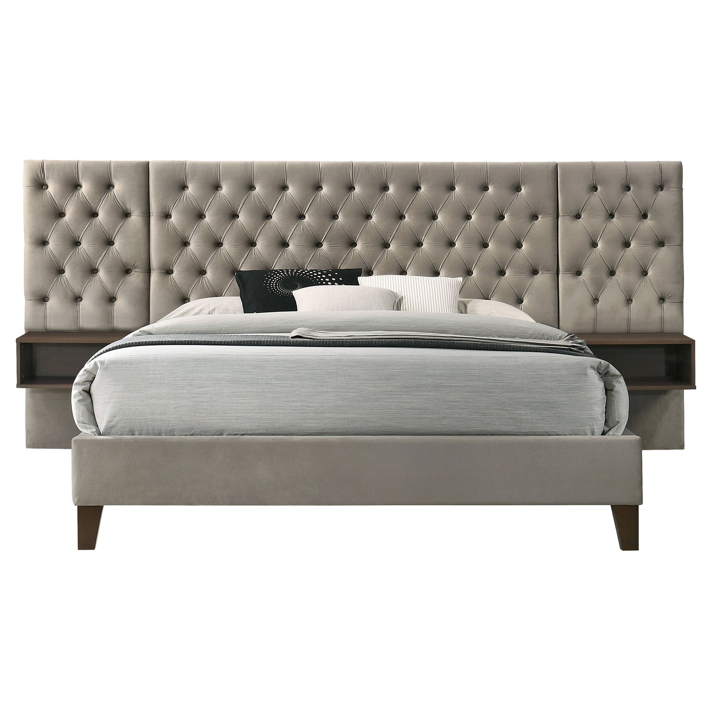 Marley Upholstered Queen Platform Bed with Headboard Panels Light Brown
