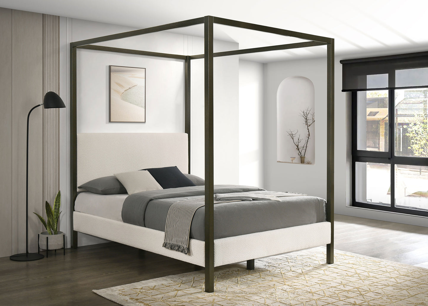 Monroe Upholstered Eastern King Canopy Platform Bed Vanilla and Black