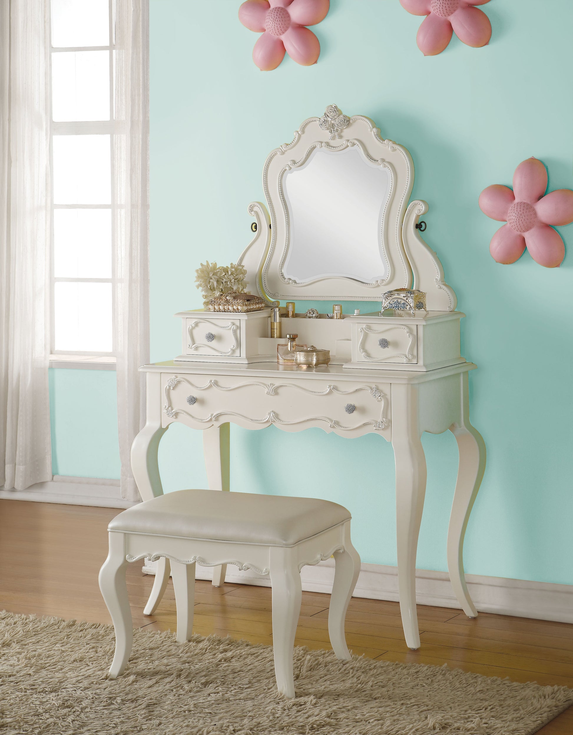 Edalene Pearl White Vanity & Mirror - ATL FURNITURE