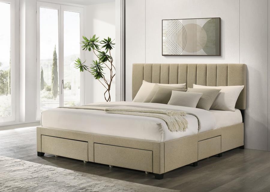 Wheatland 4-Drawer Upholstered Eastern King Storage Bed Brown