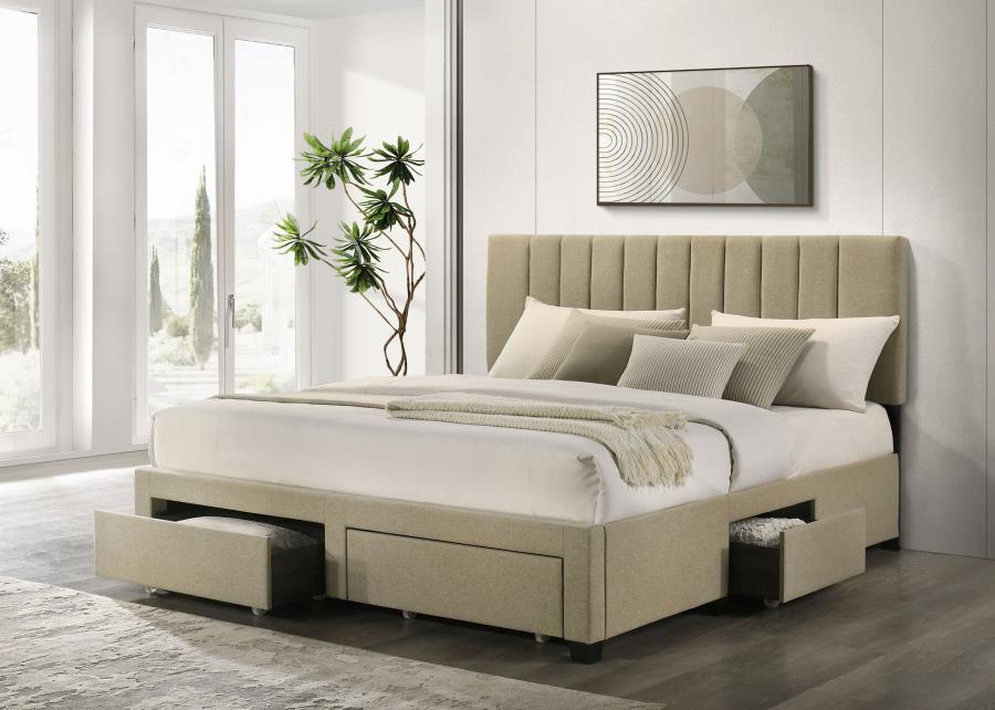 Wheatland 4-Drawer Upholstered Eastern King Storage Bed Brown