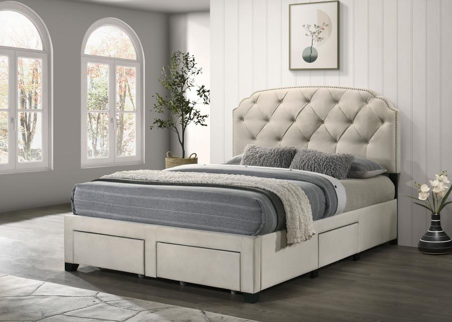 Marianna 4-Drawer Upholstered Queen Storage Bed Cream