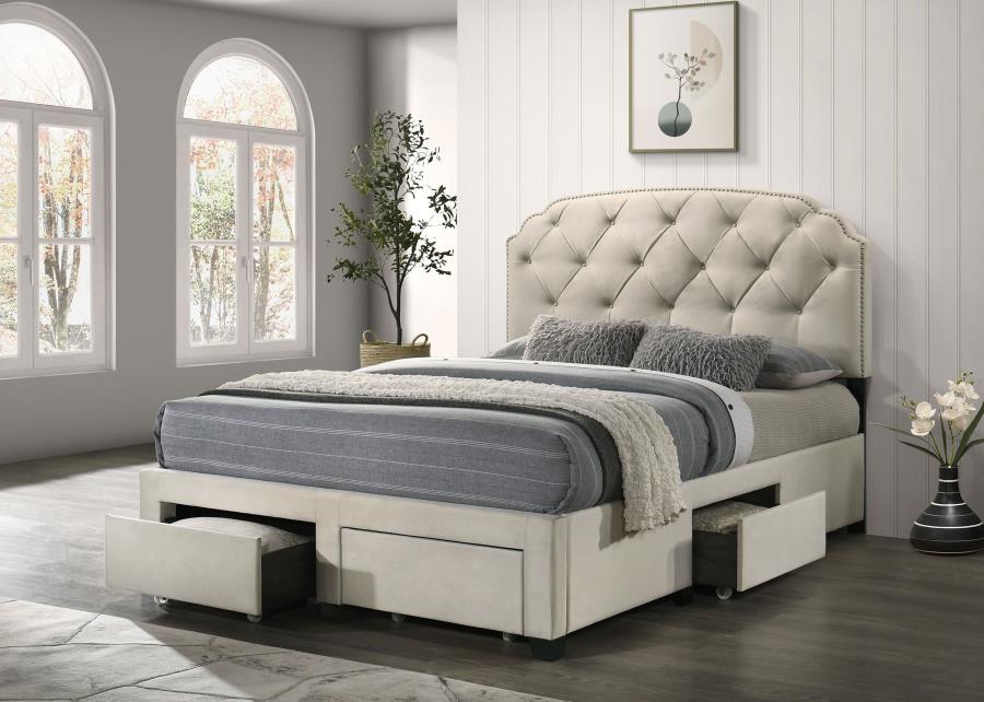 Marianna 4-Drawer Upholstered Queen Storage Bed Cream