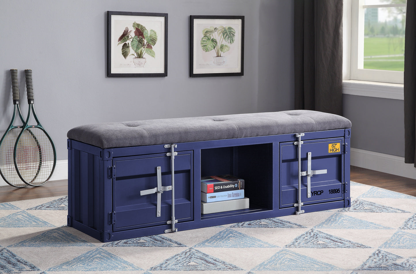 Cargo Gray Fabric & Blue Bench (Storage) - ATL FURNITURE