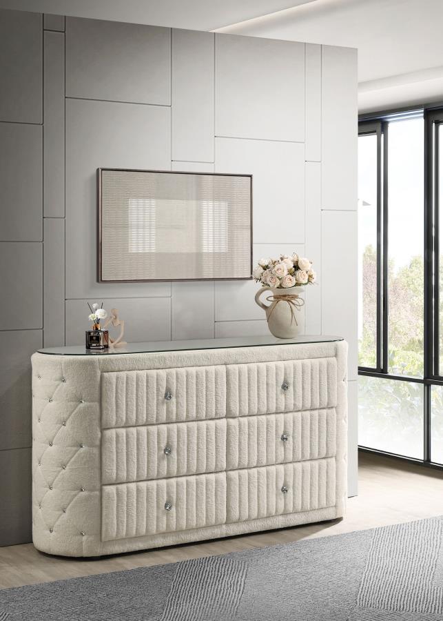 Sonya 6-Drawer Upholstered Bedroom Dresser Ivory