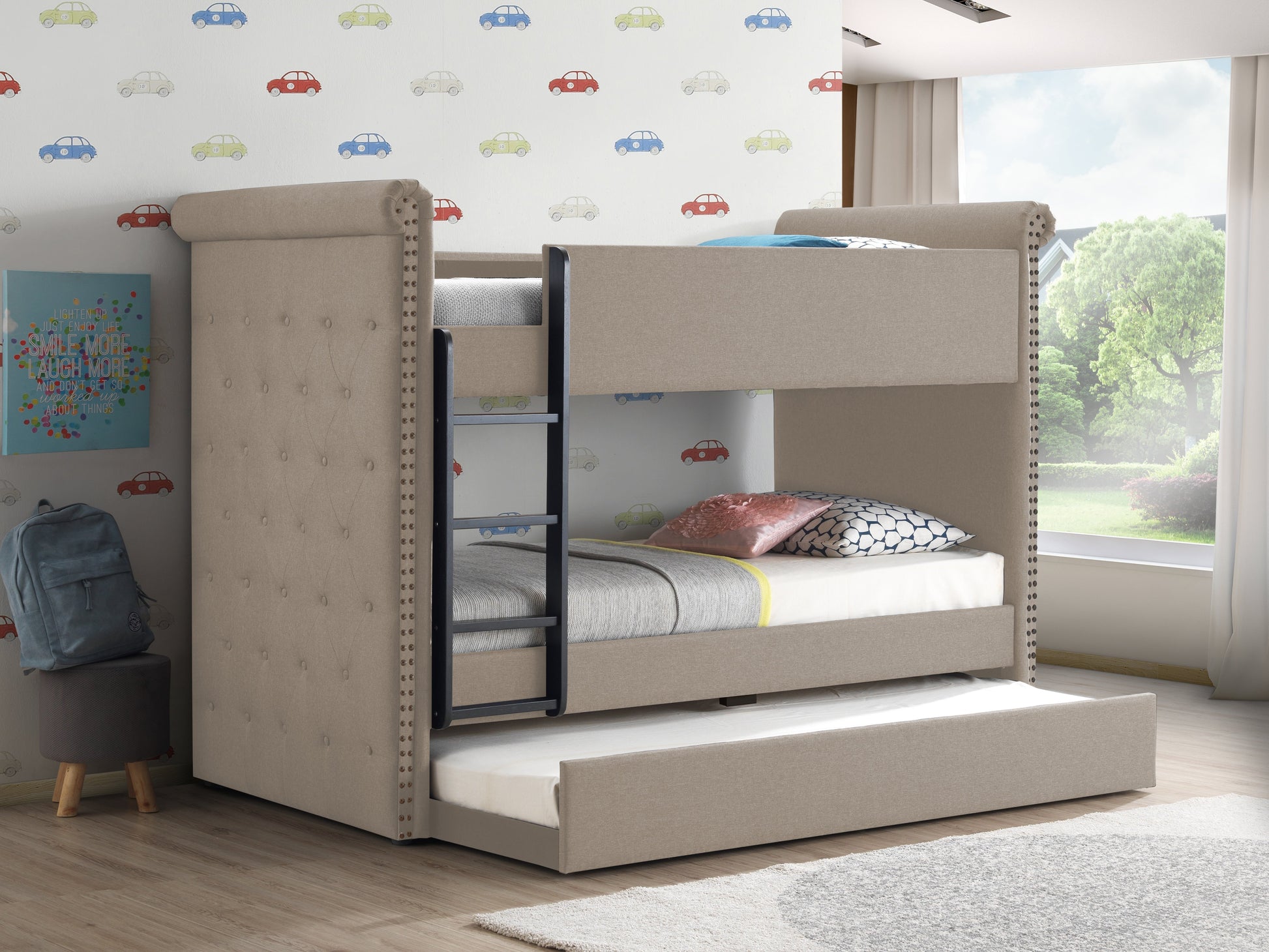 Romana II Beige Fabric Bunk Bed & Trundle (Twin/Twin) - ATL FURNITURE