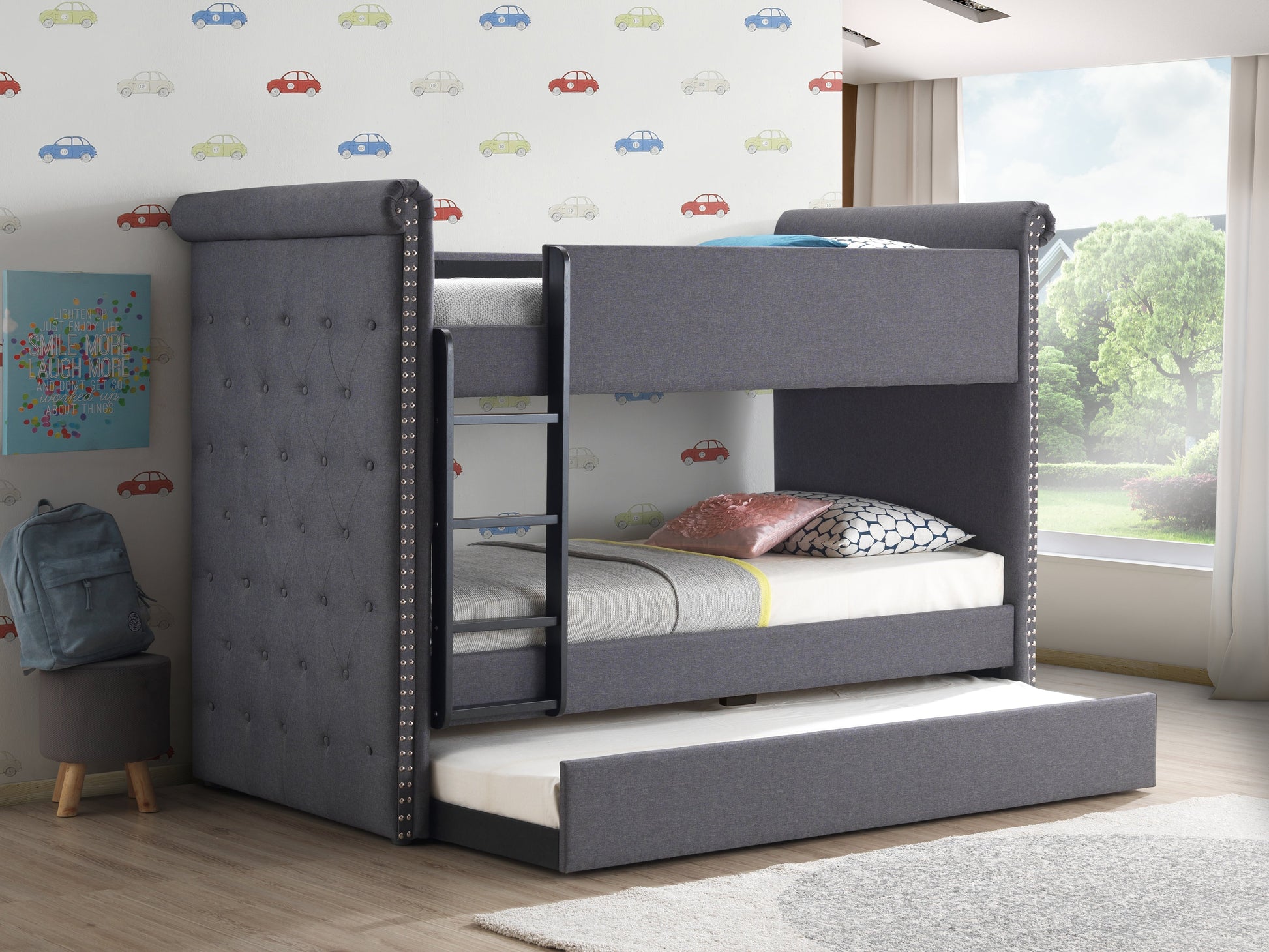 Romana II Gray Fabric Bunk Bed & Trundle (Twin/Twin) - ATL FURNITURE