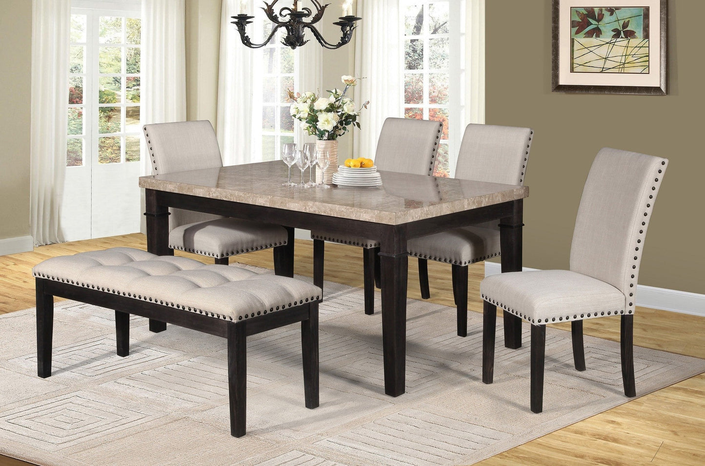 Beige Dining Table Set Bench And 4 Chairs - ATL FURNITURE