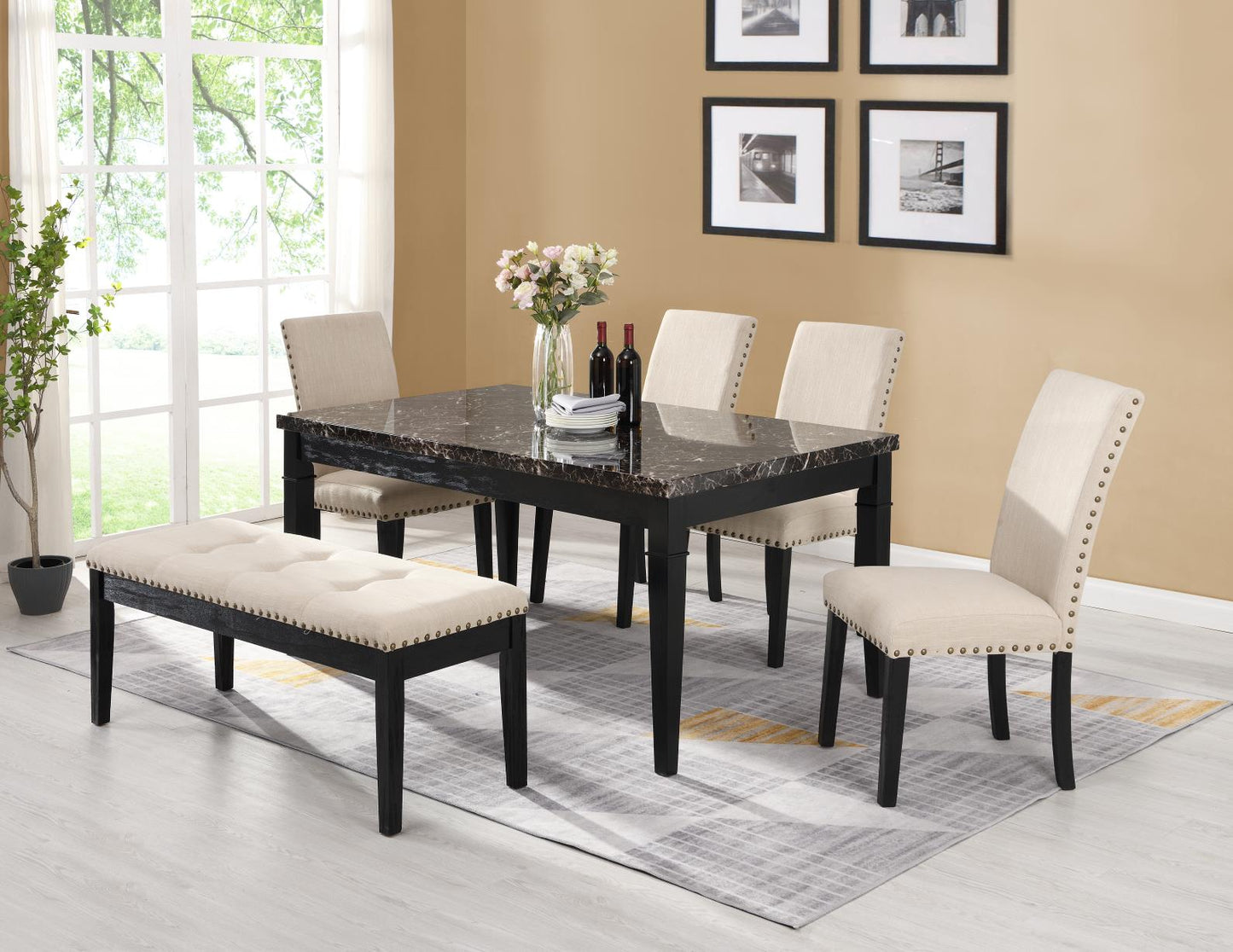 Black Dining Table Set Bench And 4 Chairs - ATL FURNITURE