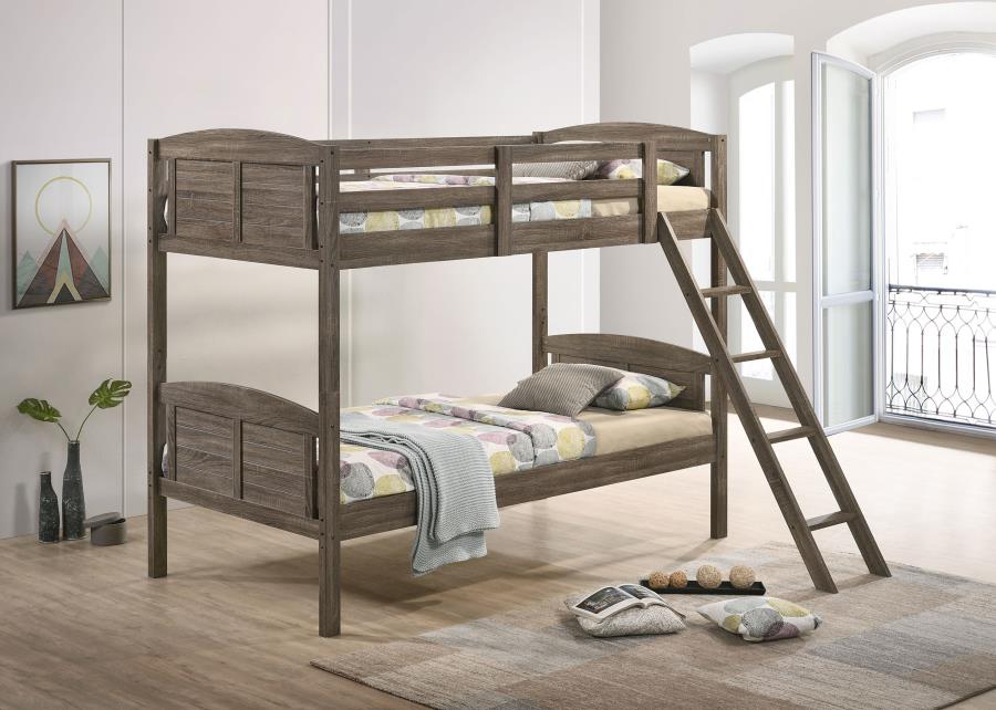 Flynn Wood Twin Over Twin Bunk Bed With Mattress Weathered Brown
