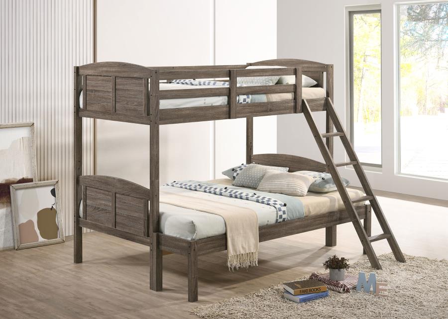 Flynn Wood Twin Over Full Bunk Bed With Mattress Weathered Brown
