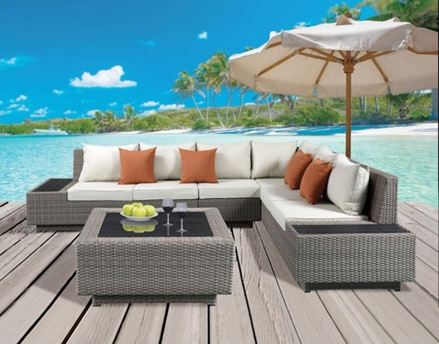 Acme Salena Patio Sectional with Cocktail Table in Beige Fabric & Gray Wicker 45020 - ATL FURNITURE