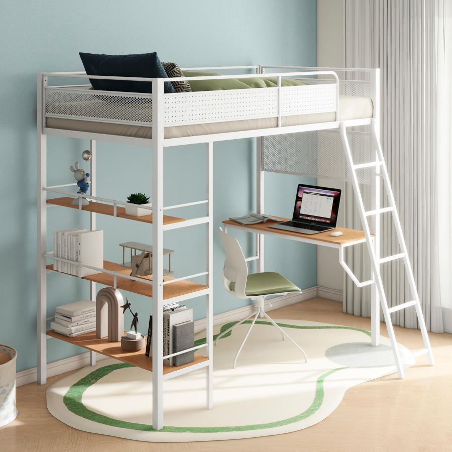 Campus 3-Shelf Metal Twin Workstation Loft Bed Matte White