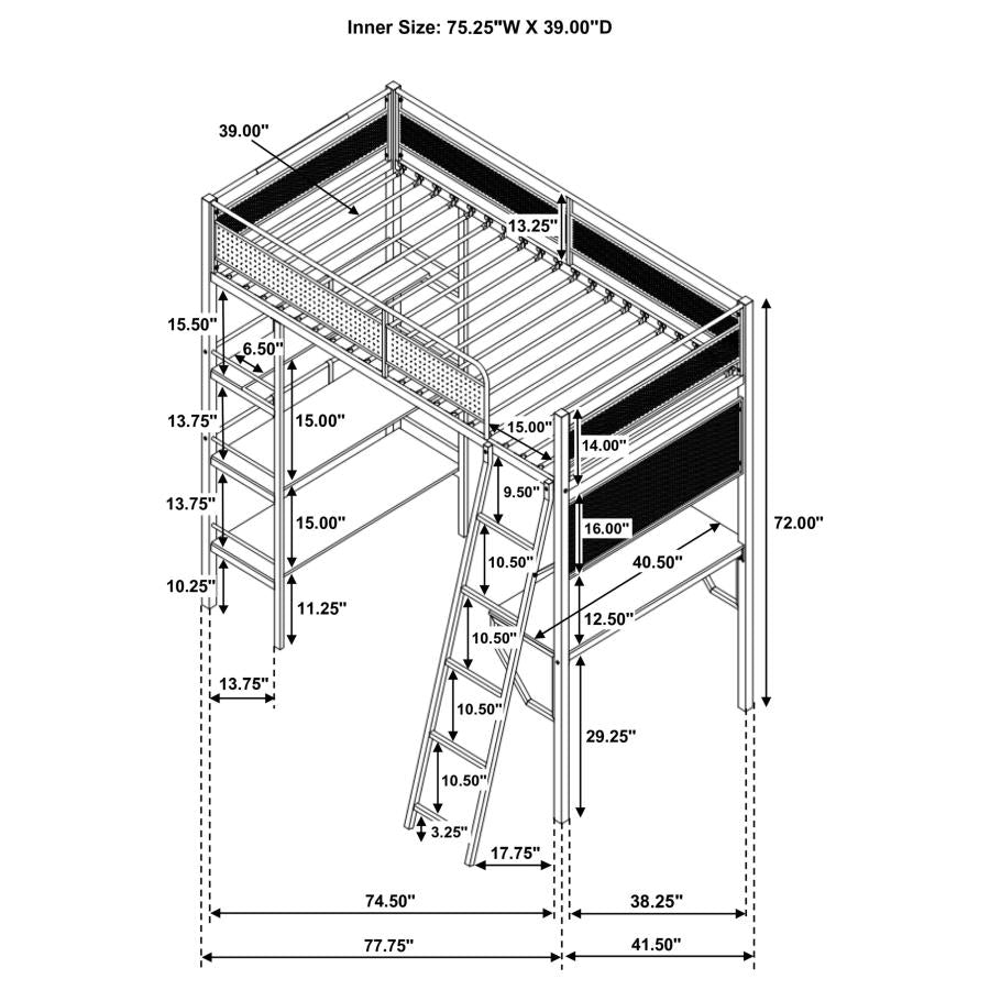 Campus 3-Shelf Metal Twin Workstation Loft Bed Matte White