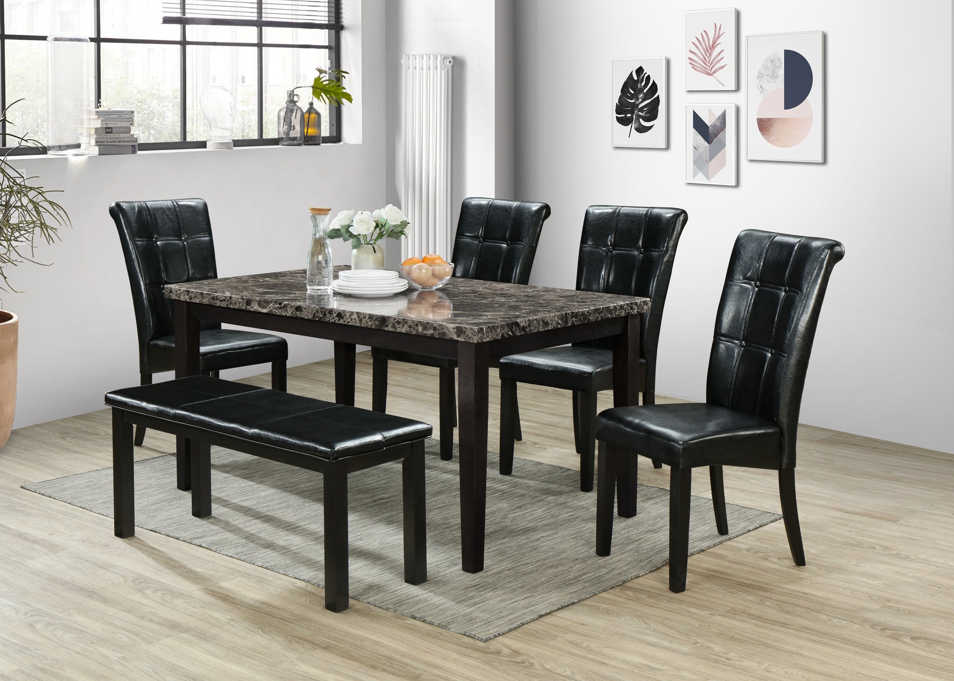 Black Dining Table w/ Bench Set; 6 PCS. SET - ATL FURNITURE