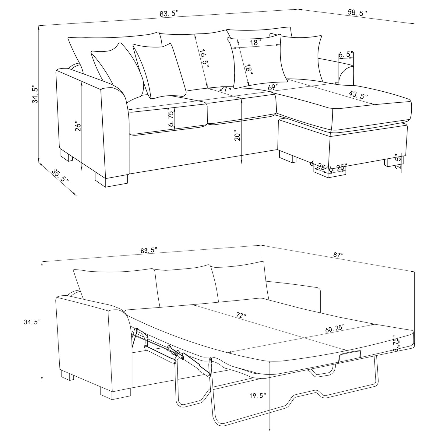 Storey Upholstered Sleeper Sectional Chaise Sofa Dark Grey