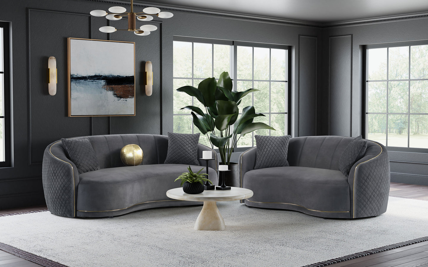 Brookside Velvet Upholstered Curved Sofa Dark Grey