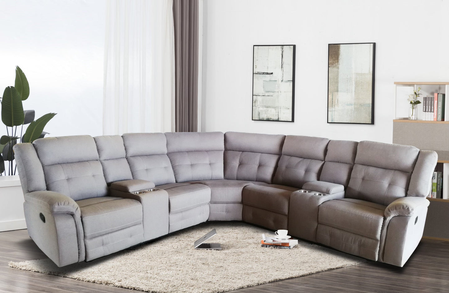 Taupe Fabric Sectional Group w/2 Console & 2 Recliner - ATL FURNITURE