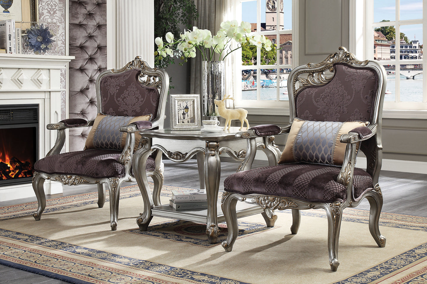 Picardy Velvet & Antique Platinum Chair & 1 Pillow - ATL FURNITURE