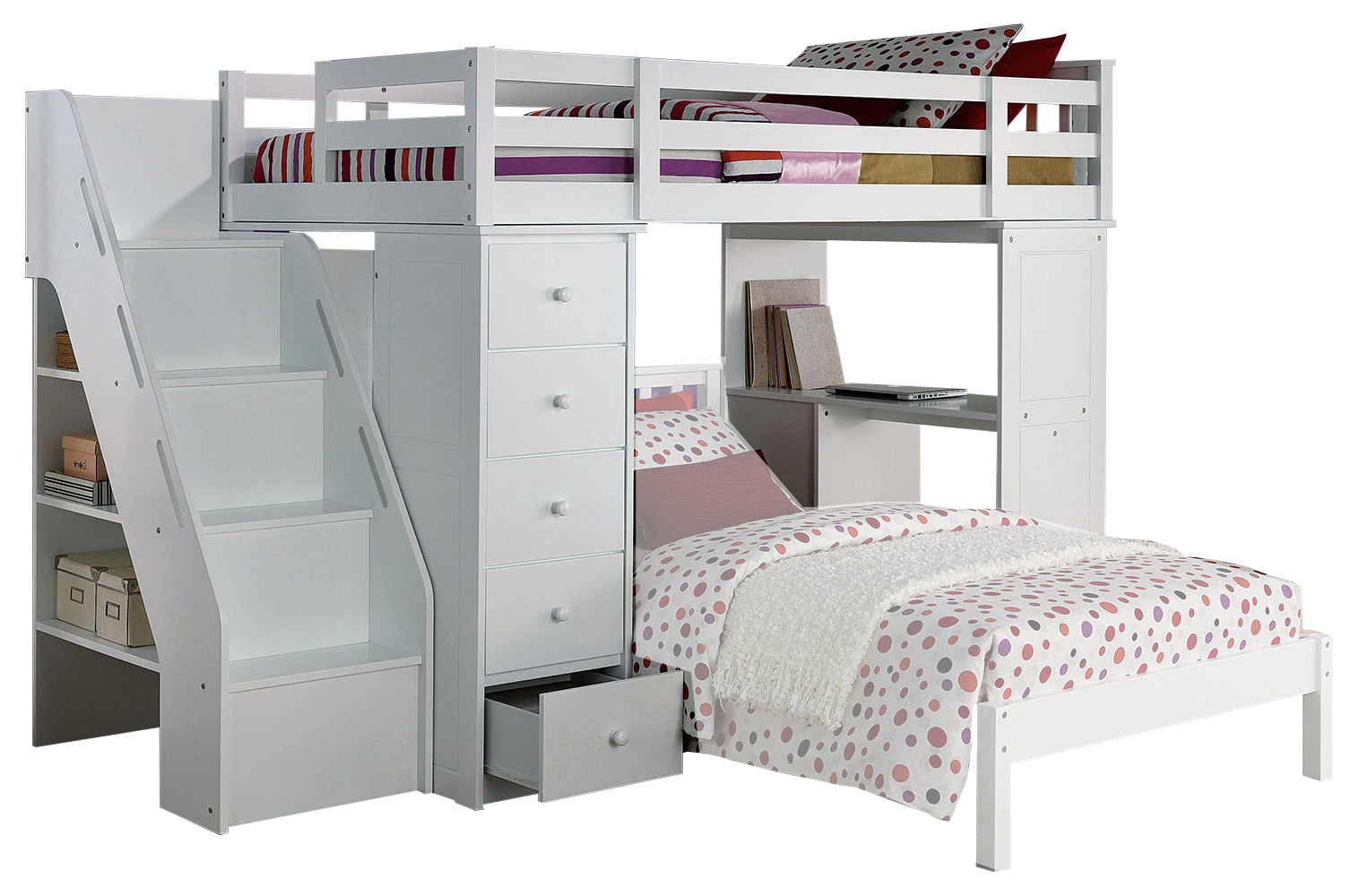 Acme Freya Loft Bed with Bookcase Ladder in White 37145 - ATL FURNITURE