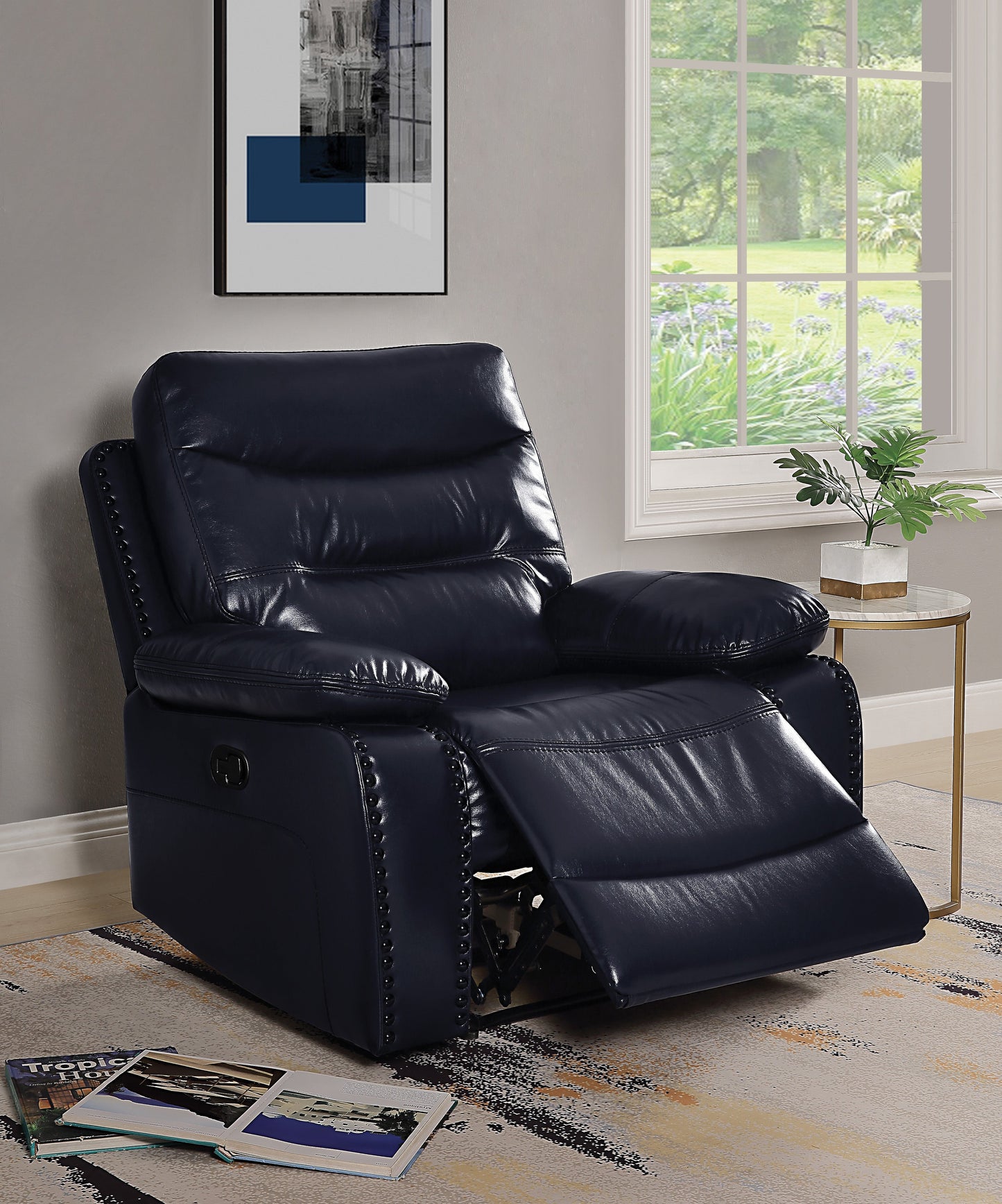 Aashi Navy Leather-Gel Match Recliner (Motion) - ATL FURNITURE