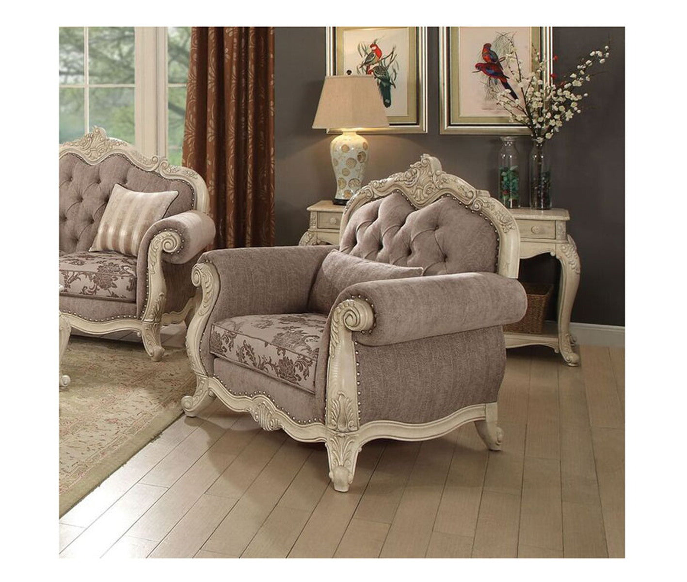 Acme Ragenardus Chair with 1 Pillow in Gray Fabric & Antique White 56022 - ATL FURNITURE