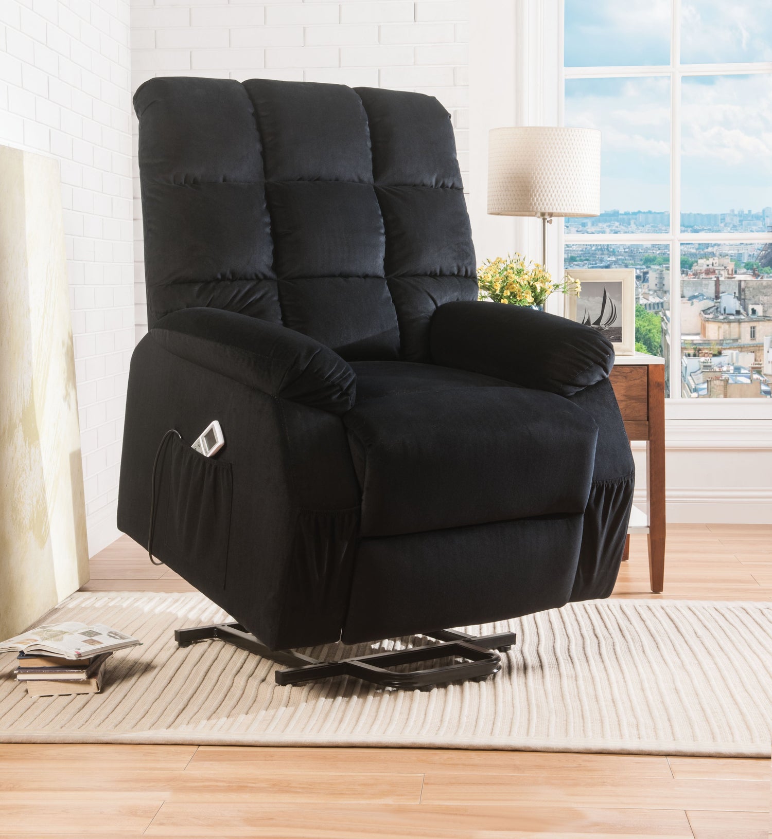 Ipompea Black Velvet Recliner w/Power Lift & Massage - ATL FURNITURE