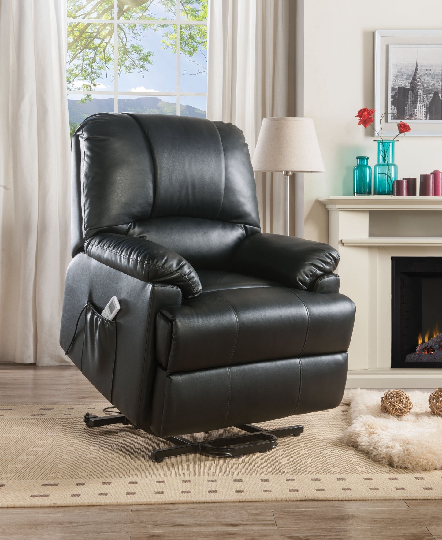 Ixora Black PU Recliner w/Power Lift & Massage - ATL FURNITURE