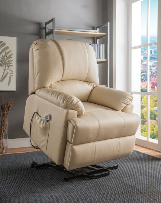 Ixora Beige PU Recliner w/Power Lift & Massage - ATL FURNITURE