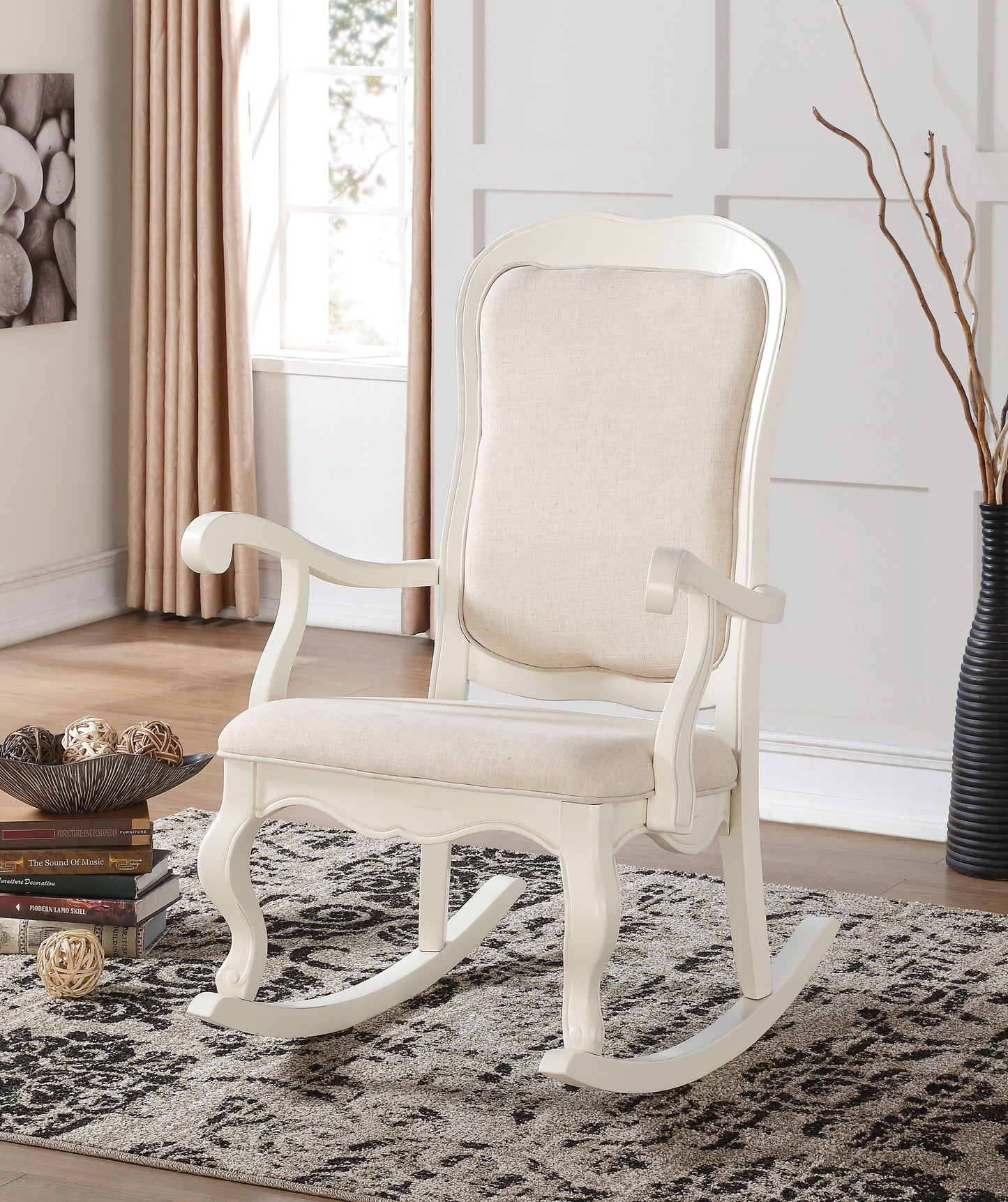 Sharan Fabric & Antique White Rocking Chair - ATL FURNITURE