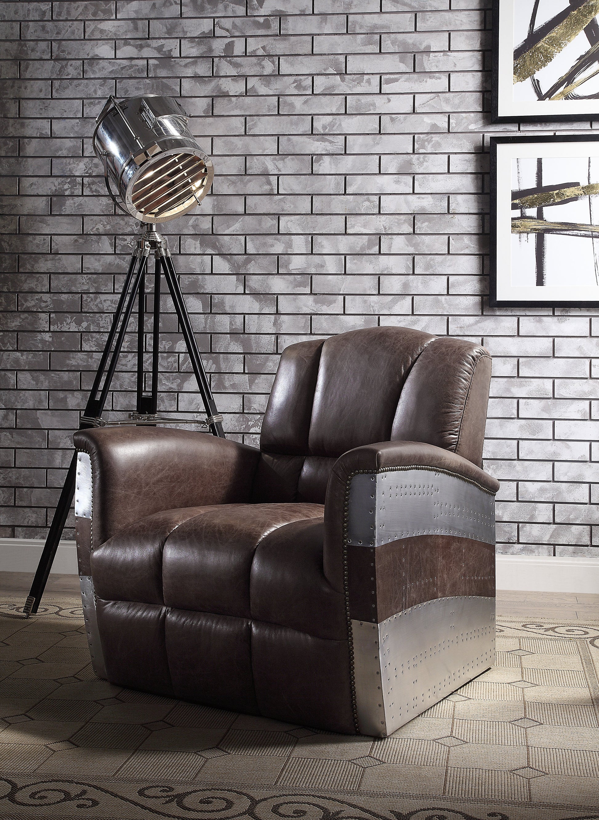 Brancaster Retro Brown Top Grain Leather & Aluminum Accent Chair - ATL FURNITURE