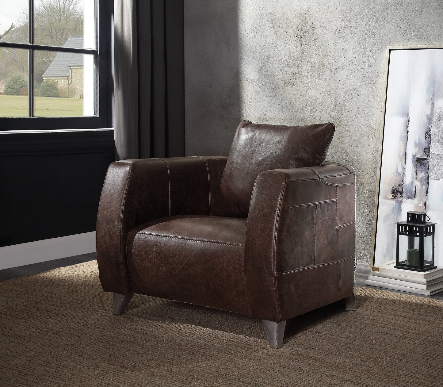 Kalona Distress Chocolate Top Grain Leather & Aluminum Accent Chair - ATL FURNITURE