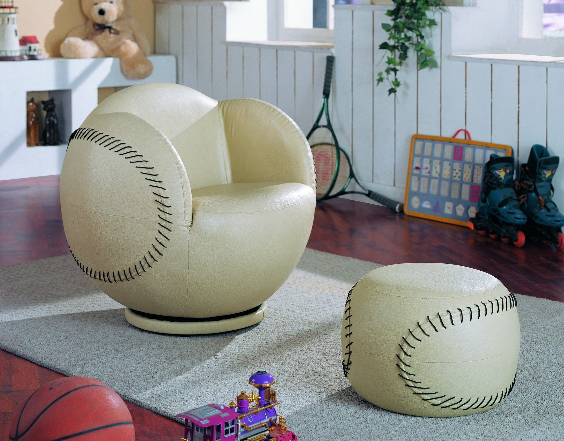 Baseball Swivel Chair w/Ottoman - ATL FURNITURE