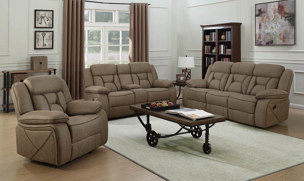 Houston Casual Tan Reclining Three-Piece Living Room Set - ATL FURNITURE