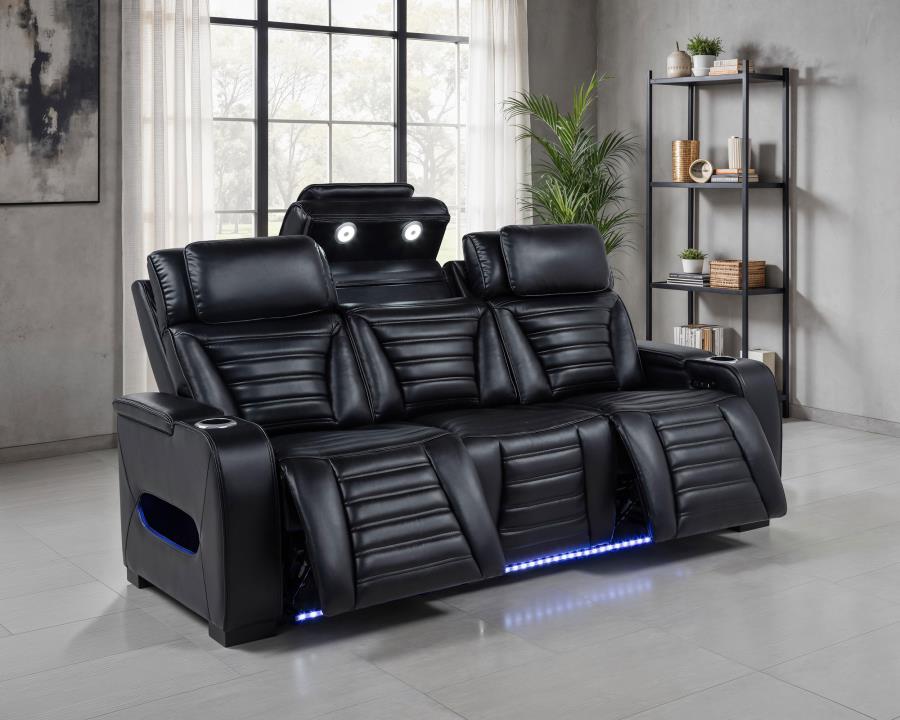 Zuma Faux Leather Dual Power Reclining Led Sofa Black