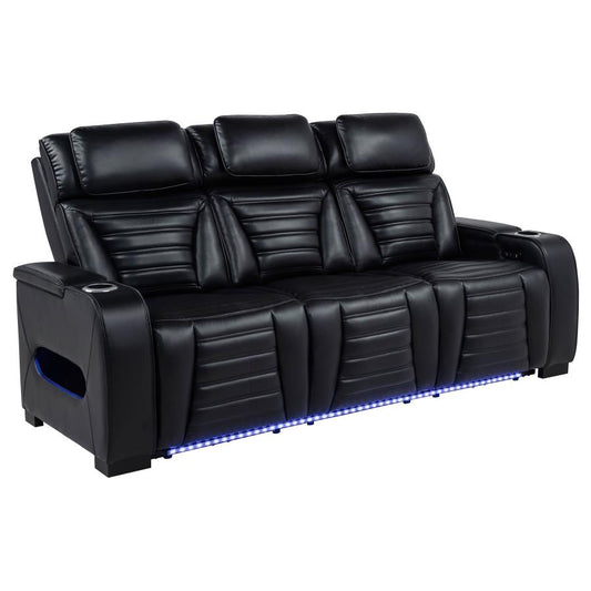 Zuma Faux Leather Dual Power Reclining Led Sofa Black