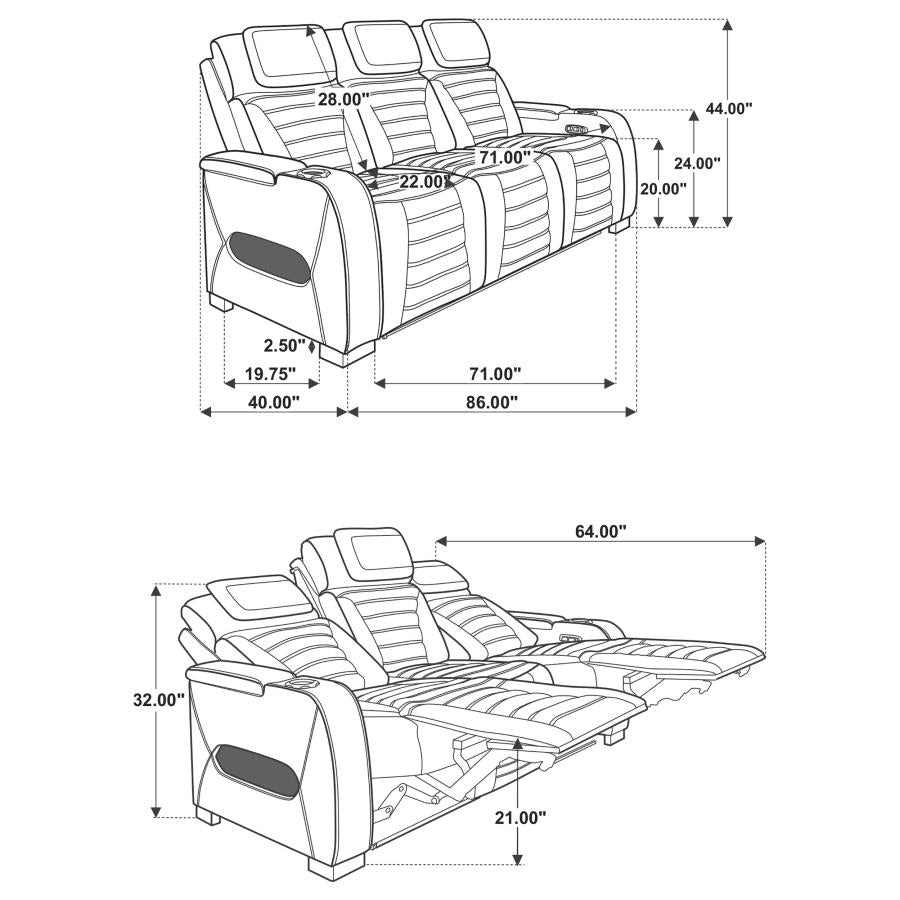 Zuma Faux Leather Dual Power Reclining Led Sofa Black